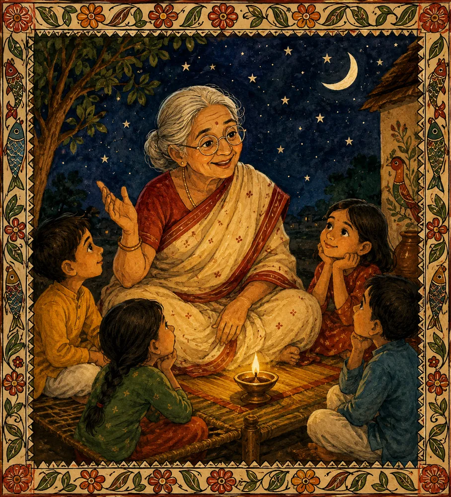 Folk-art painting of a grandmother telling stories to children under a starry night sky