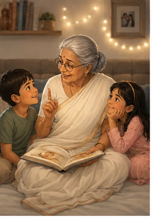 Naani telling a story to two children at bedtime in a cosy modern bedroom
