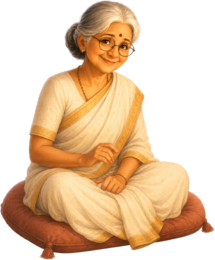 Naani seated on a cushion, smiling, waiting to tell tonight's story