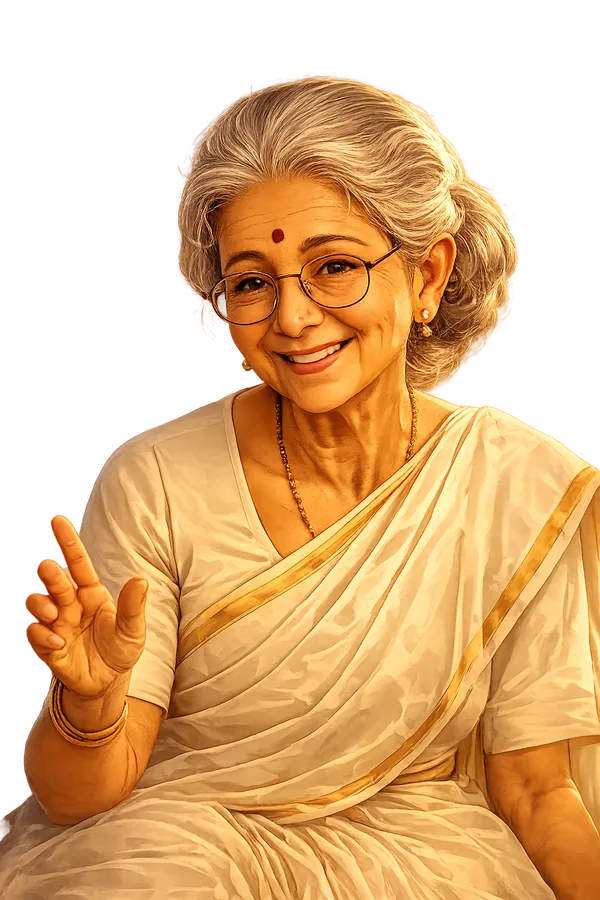 Portrait of Kamla Naani smiling warmly, silver hair in a bun, round spectacles